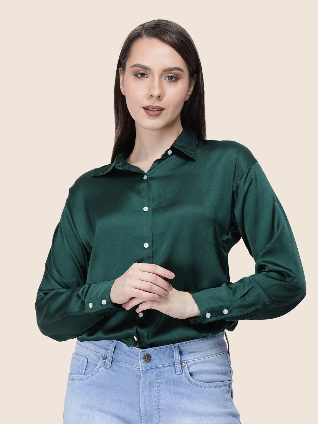 Women s Premium Emerald Green Regular Fit Solid Satin shirt