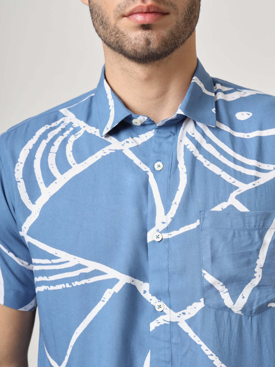 White & Blue Printed Rayon Fabric Shirt Style Top