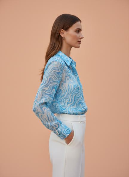 Premium Organza Blue And White Regular Length Straight Hem Digital Print Shirt