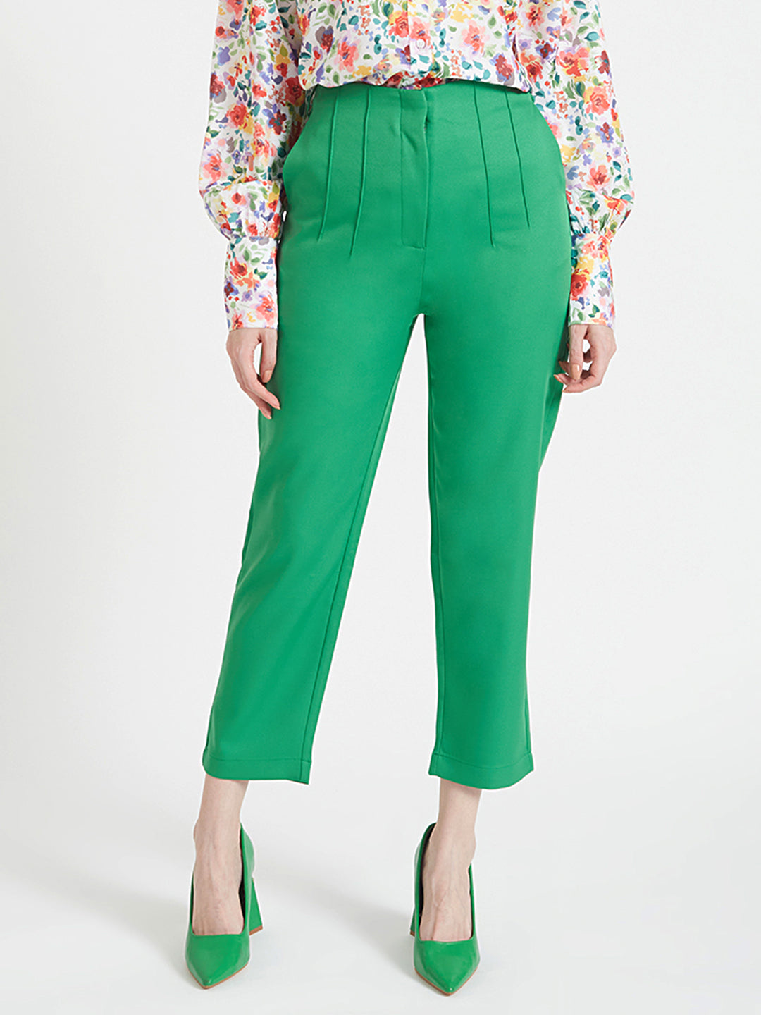 WOMEN'S LUXURY BANANA CREPE ISLAND GREEN SKIN FIT WITH MULTI PLEATED TROUSER