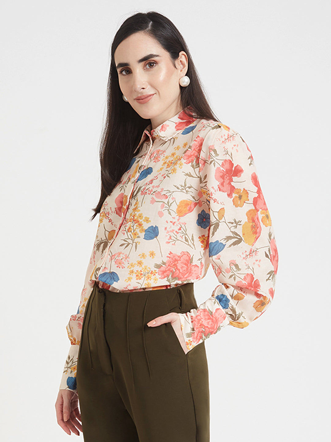 LUXURY CAMBRIC DIGITAL PRINT PUFF SLEEVE SHIRT