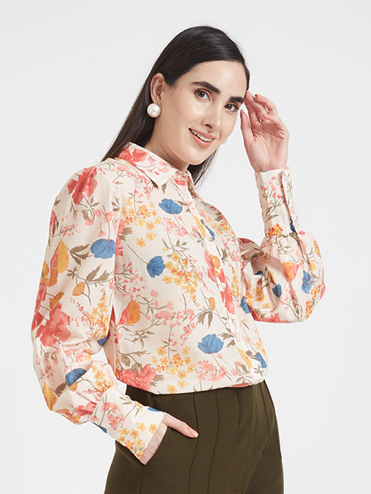 LUXURY CAMBRIC DIGITAL PRINT PUFF SLEEVE SHIRT