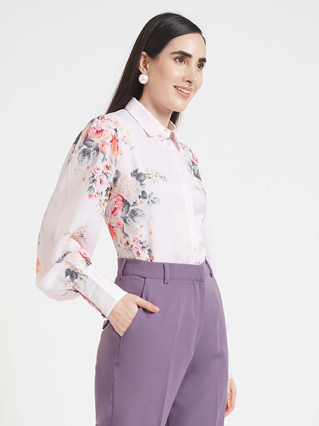 LUXURY SATIN DIGITAL PRINT PUFF SLEEVE SHIRT