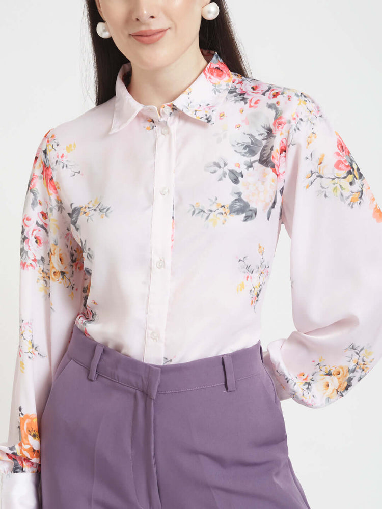 LUXURY SATIN DIGITAL PRINT PUFF SLEEVE SHIRT