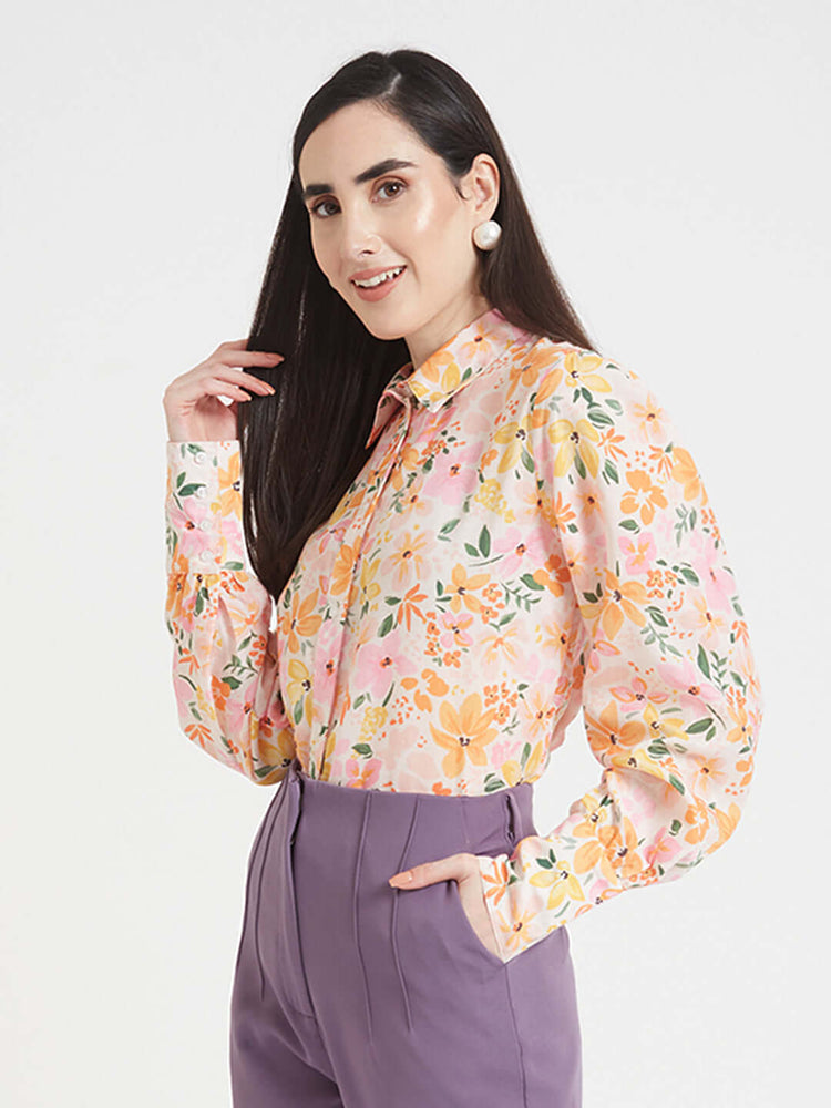 Luxury Cambric Digital Print Puff Sleeve Shirt