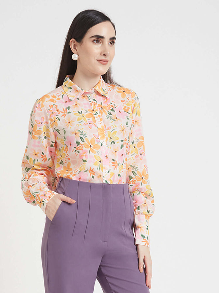 Luxury Cambric Digital Print Puff Sleeve Shirt