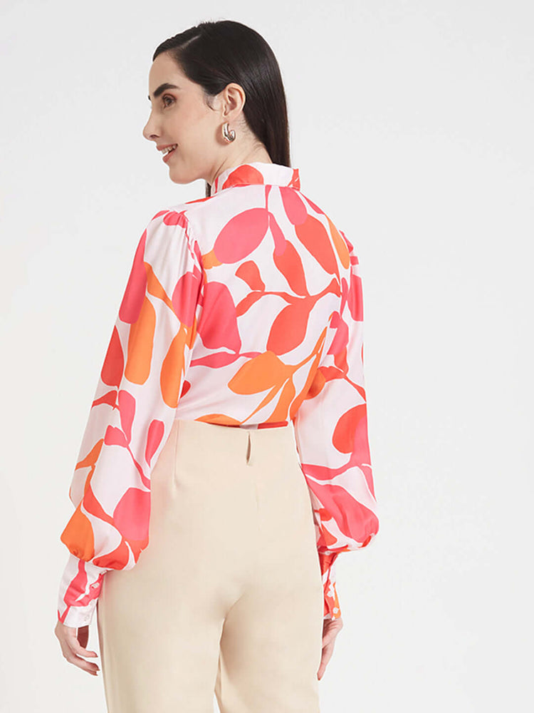 LUXURY SATIN DIGITAL PRINT PUFF SLEEVE SHIRT