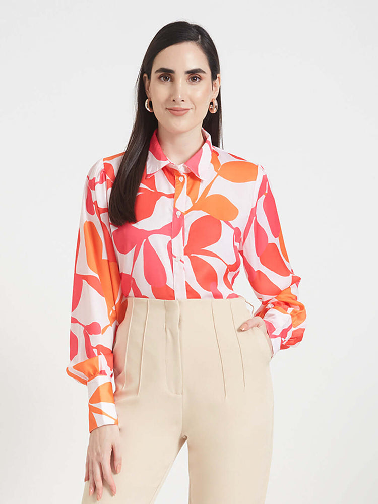 LUXURY SATIN DIGITAL PRINT PUFF SLEEVE SHIRT