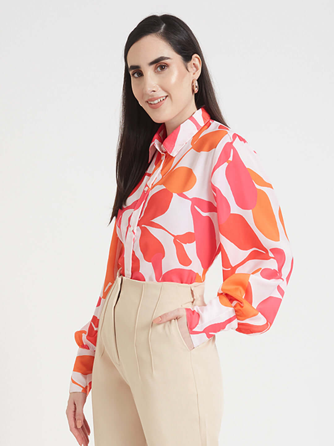 LUXURY SATIN DIGITAL PRINT PUFF SLEEVE SHIRT