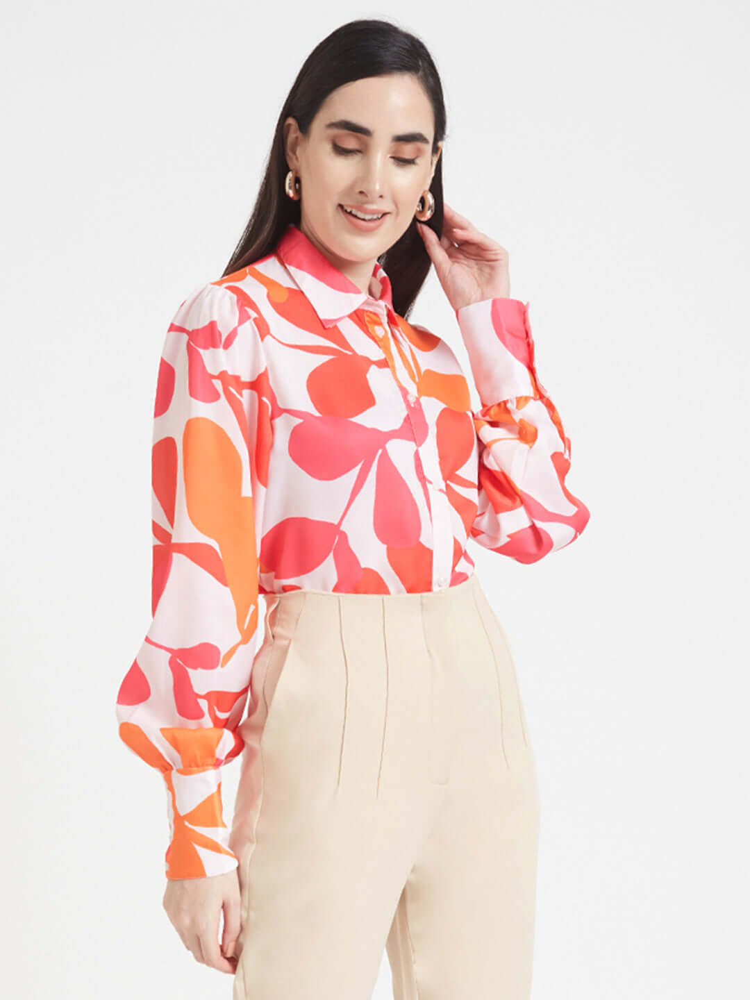 LUXURY SATIN DIGITAL PRINT PUFF SLEEVE SHIRT