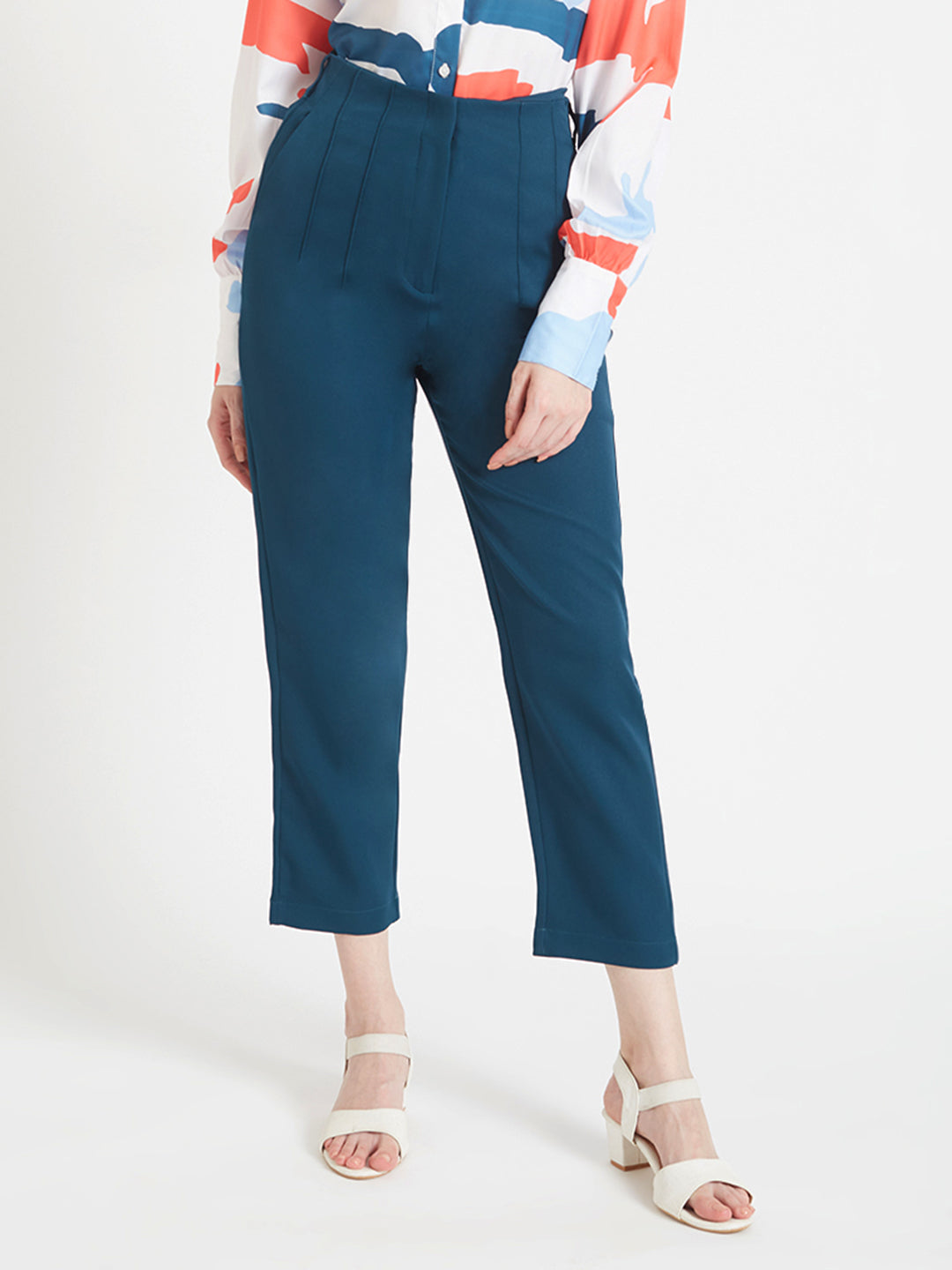 WOMEN'S LUXURY BANANA CREPE DEEP TEAL SKIN FIT WITH MULTI PLEATED TROUSER