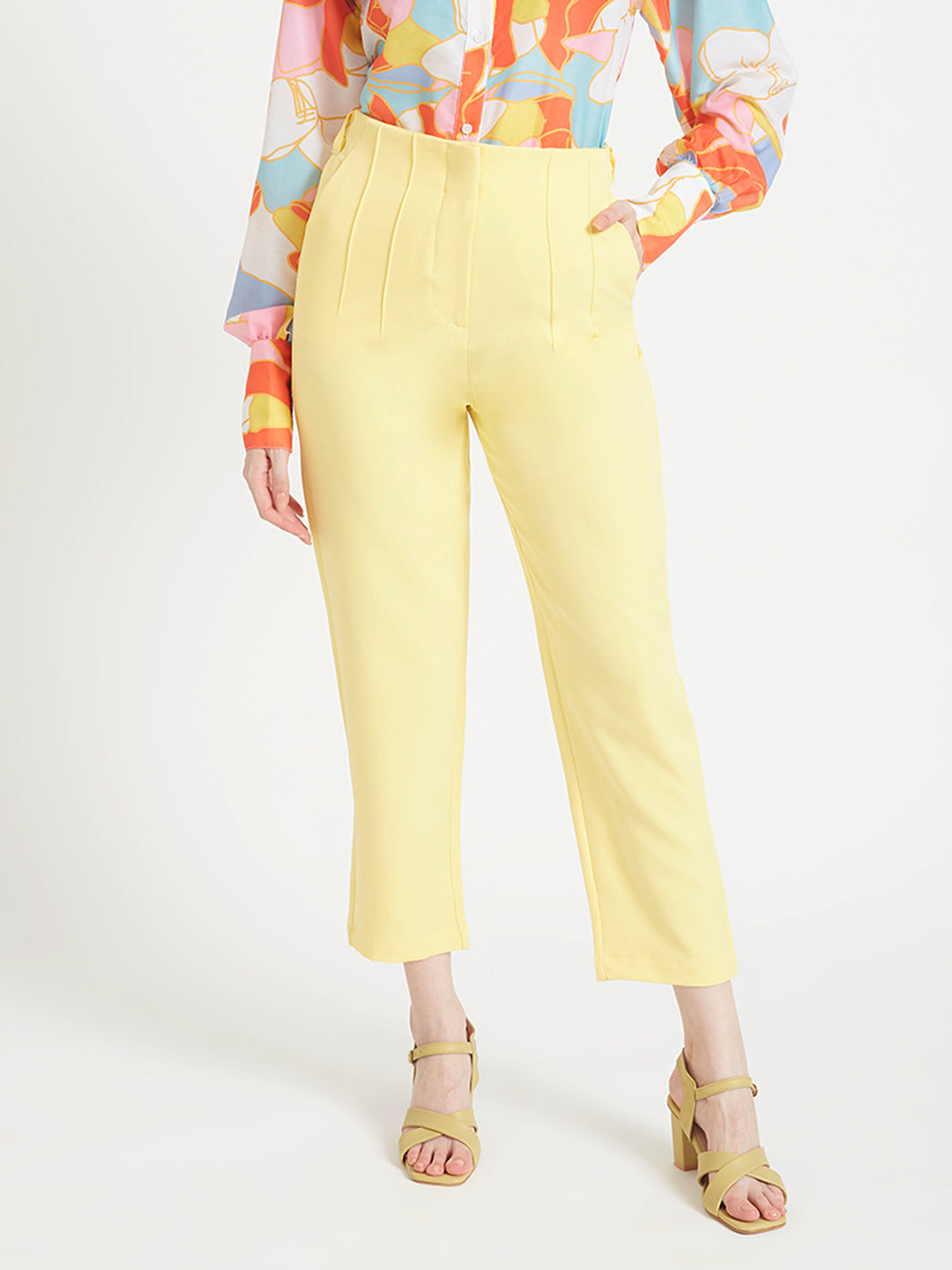 WOMEN'S LUXURY BANANA CREPE IRIS YELLOW SKIN FIT WITH MULTI PLEATED TROUSER