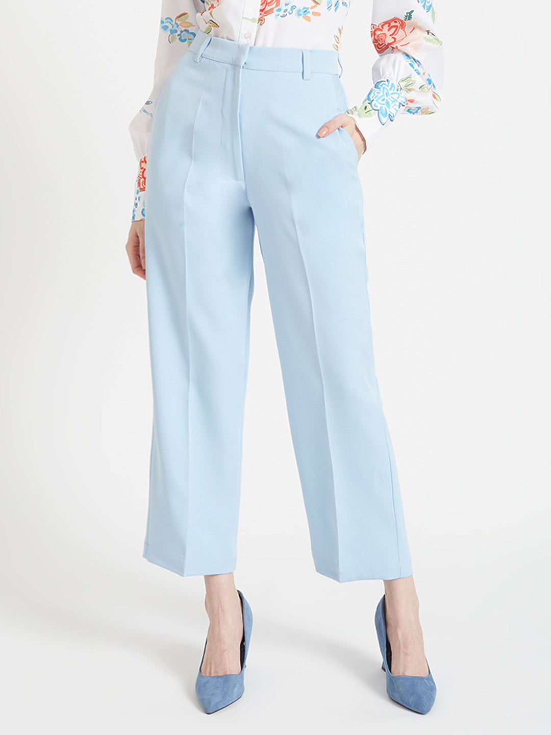 WOMEN'S LUXURY BANANA CREPE ICE BLUE STRAIGHT FIT WITH FLAP POCKET TROUSER