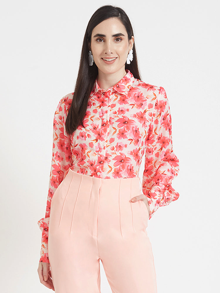 LUXURY SATIN DIGITAL PRINT PUFF SLEEVE SHIRT