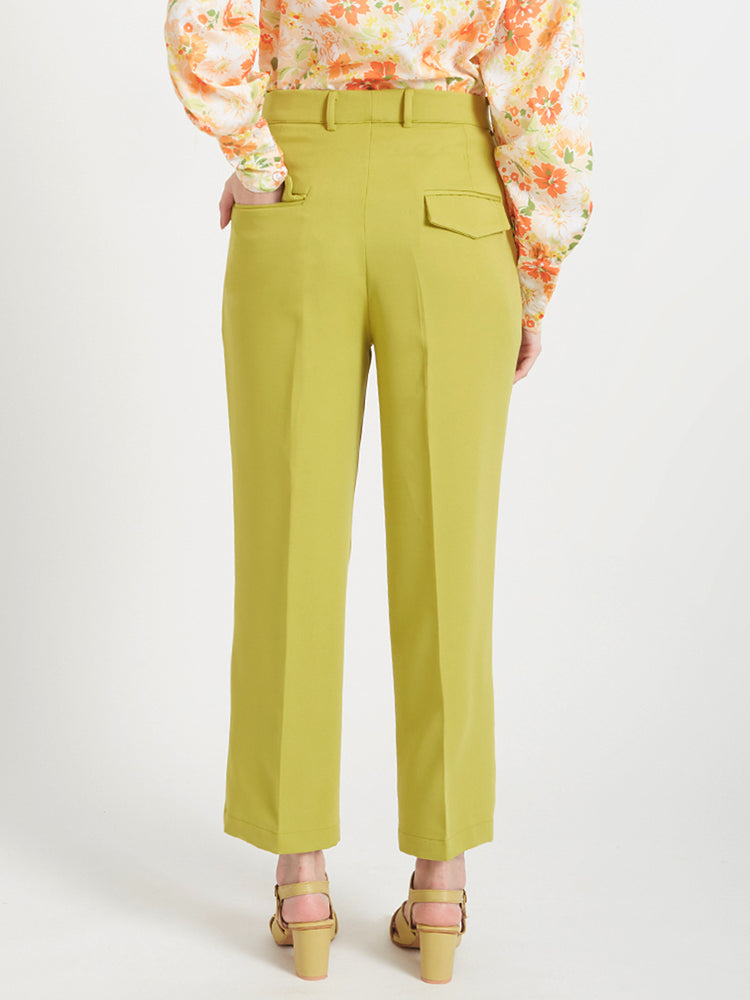 Women'S Luxury Banana Crepe Lime Green Straight Fit Flap Pocket Trouser