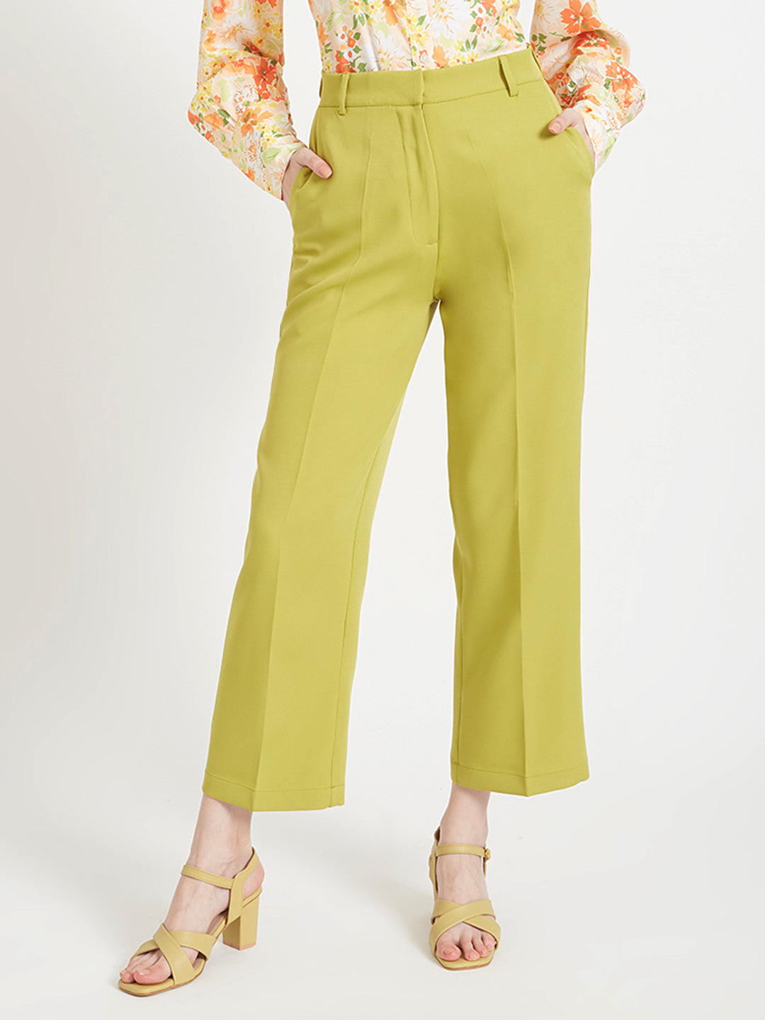 WOMEN'S LUXURY BANANA CREPE LIME GREEN STRAIGHT FIT WITH FLAP POCKET TROUSER