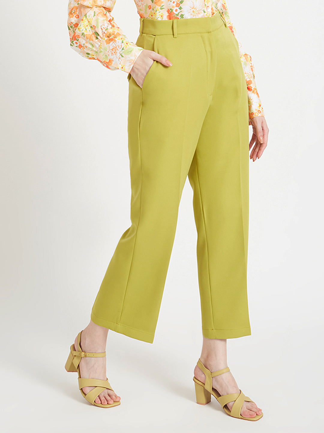 Women'S Luxury Banana Crepe Lime Green Straight Fit Flap Pocket Trouser