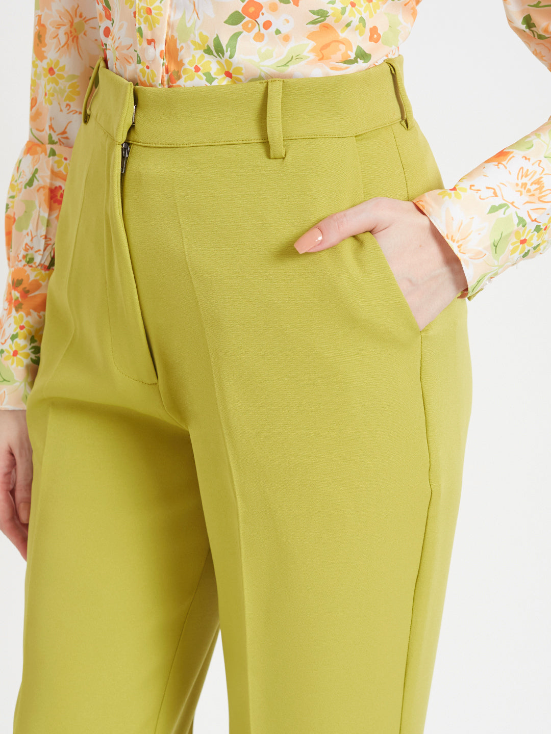 WOMEN'S LUXURY BANANA CREPE LIME GREEN STRAIGHT FIT WITH FLAP POCKET TROUSER