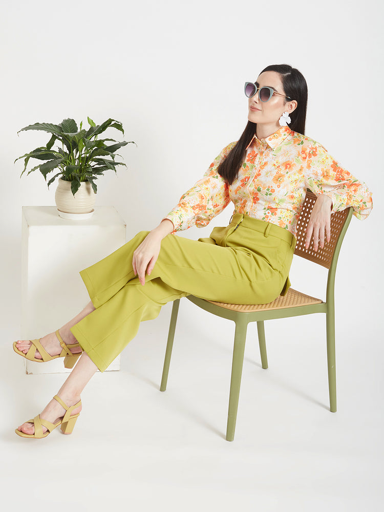 Women'S Luxury Banana Crepe Lime Green Straight Fit Flap Pocket Trouser