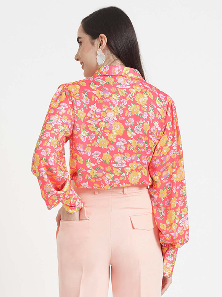 LUXURY SATIN DIGITAL PRINT PUFF SLEEVE SHIRT