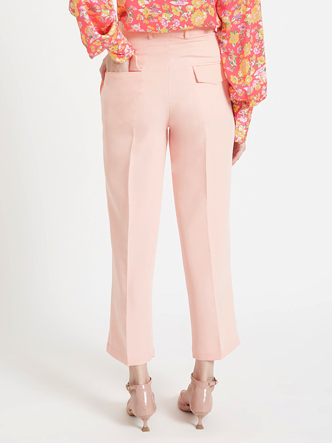 Women'S Luxury Banana Crepe Peach Straight Fit Flap Pocket Trouser