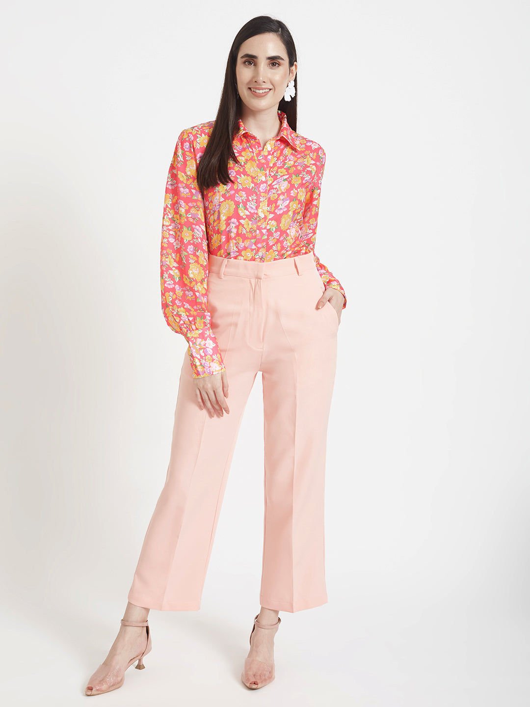 Women'S Luxury Banana Crepe Peach Straight Fit Flap Pocket Trouser