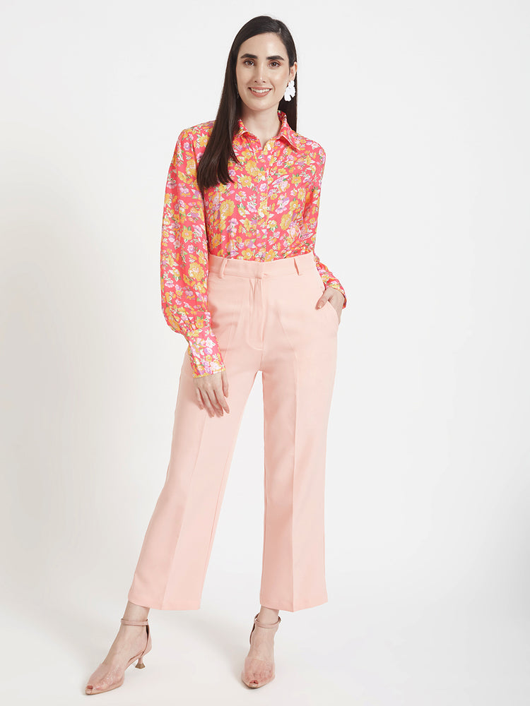 Women'S Luxury Banana Crepe Peach Straight Fit Flap Pocket Trouser