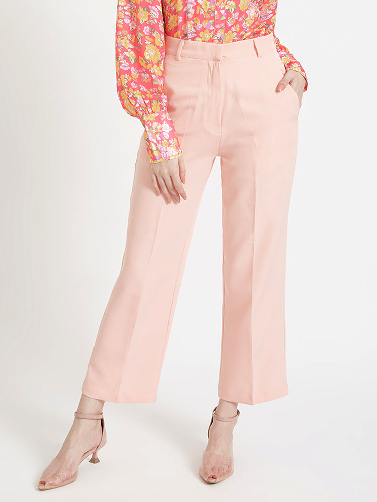 Women'S Luxury Banana Crepe Peach Straight Fit Flap Pocket Trouser