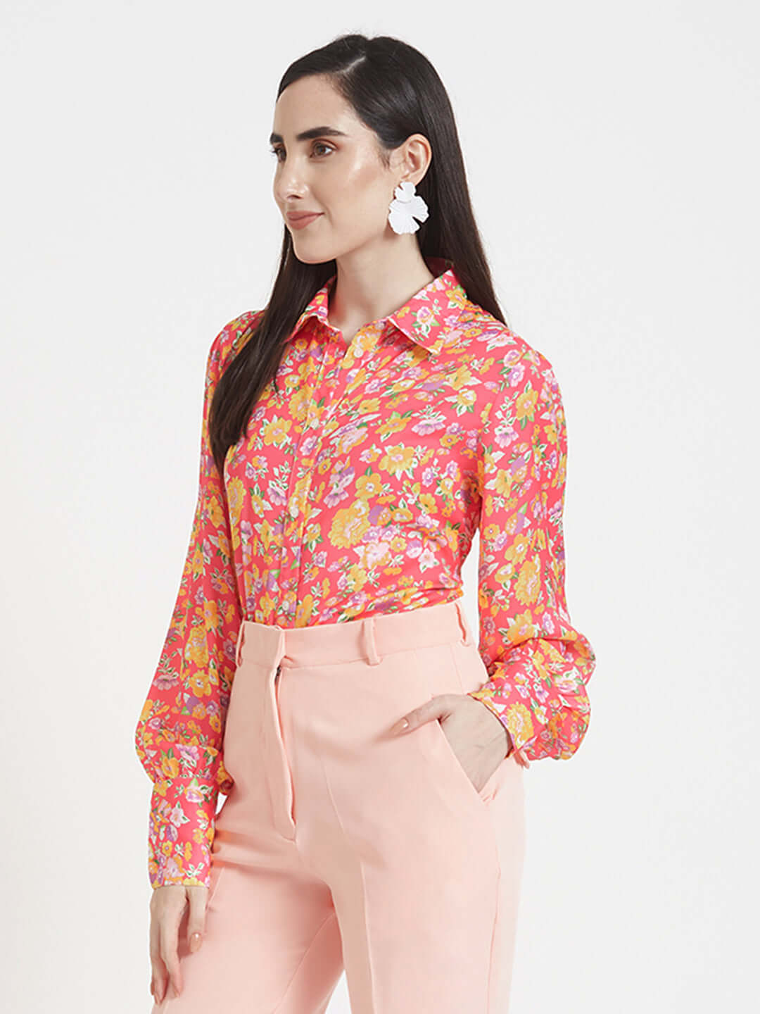 LUXURY SATIN DIGITAL PRINT PUFF SLEEVE SHIRT