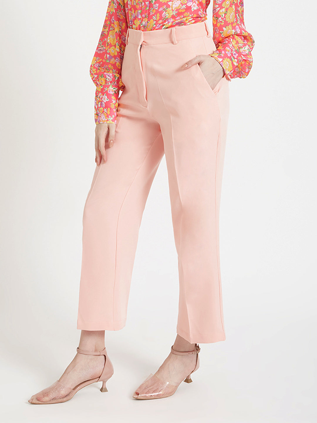 Women'S Luxury Banana Crepe Peach Straight Fit Flap Pocket Trouser