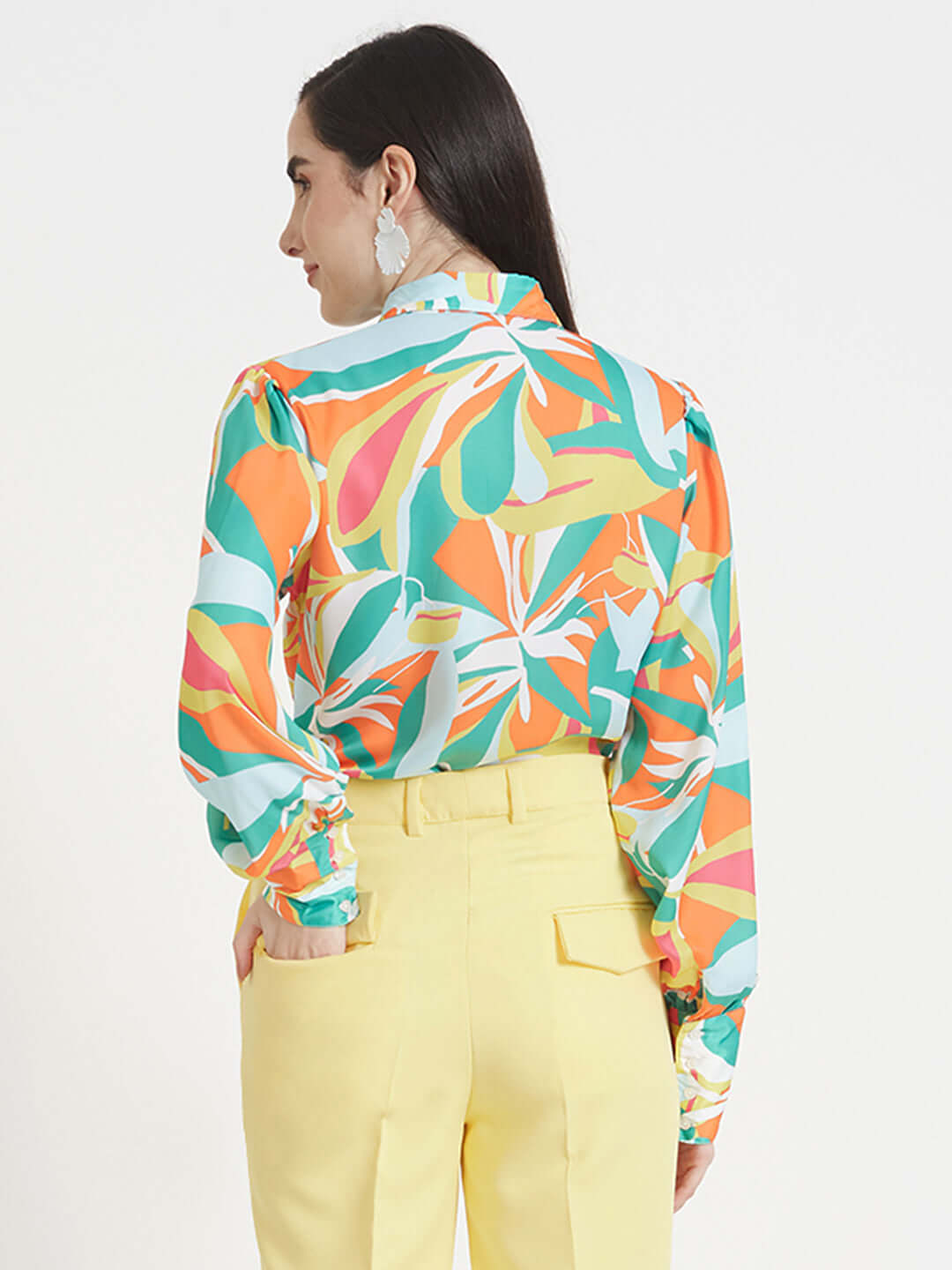 LUXURY SATIN DIGITAL PRINT PUFF SLEEVE SHIRT