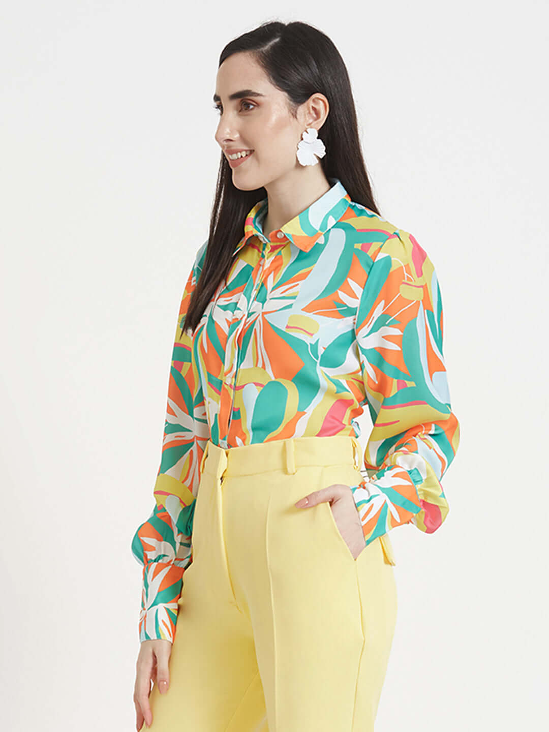 LUXURY SATIN DIGITAL PRINT PUFF SLEEVE SHIRT