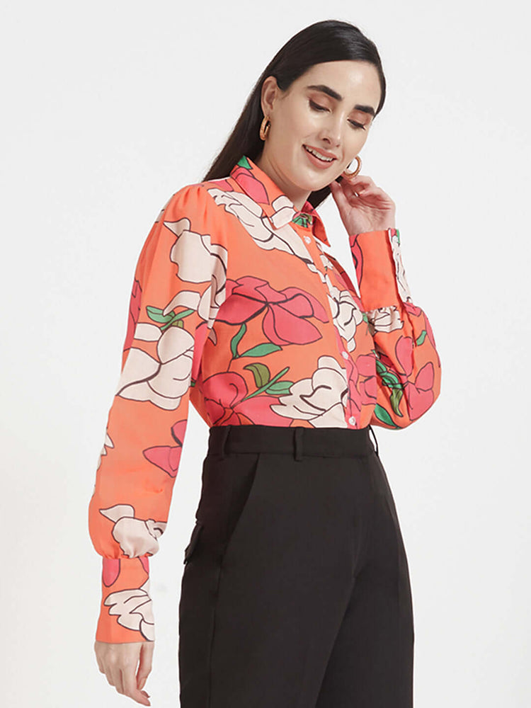 LUXURY CAMBRIC DIGITAL PRINT PUFF SLEEVE SHIRT