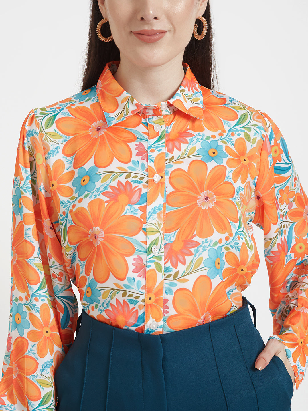 LUXURY SATIN DIGITAL PRINT PUFF SLEEVE SHIRT