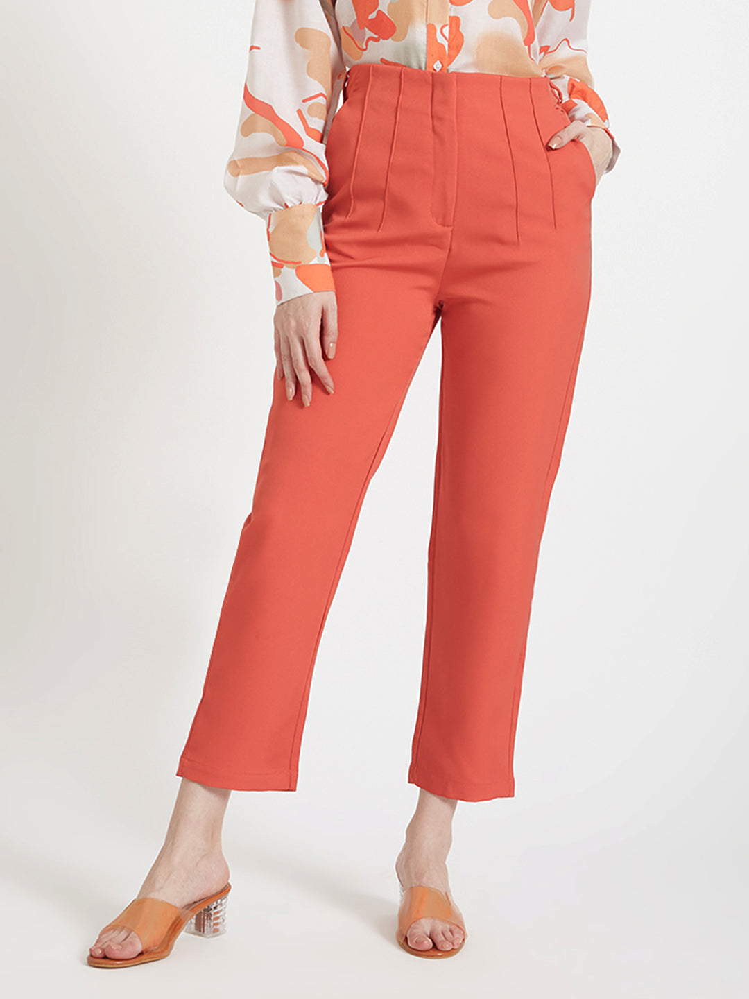 WOMEN'S LUXURY BANANA CREPE RUST RED SKIN FIT WITH MULTI PLEATED TROUSER