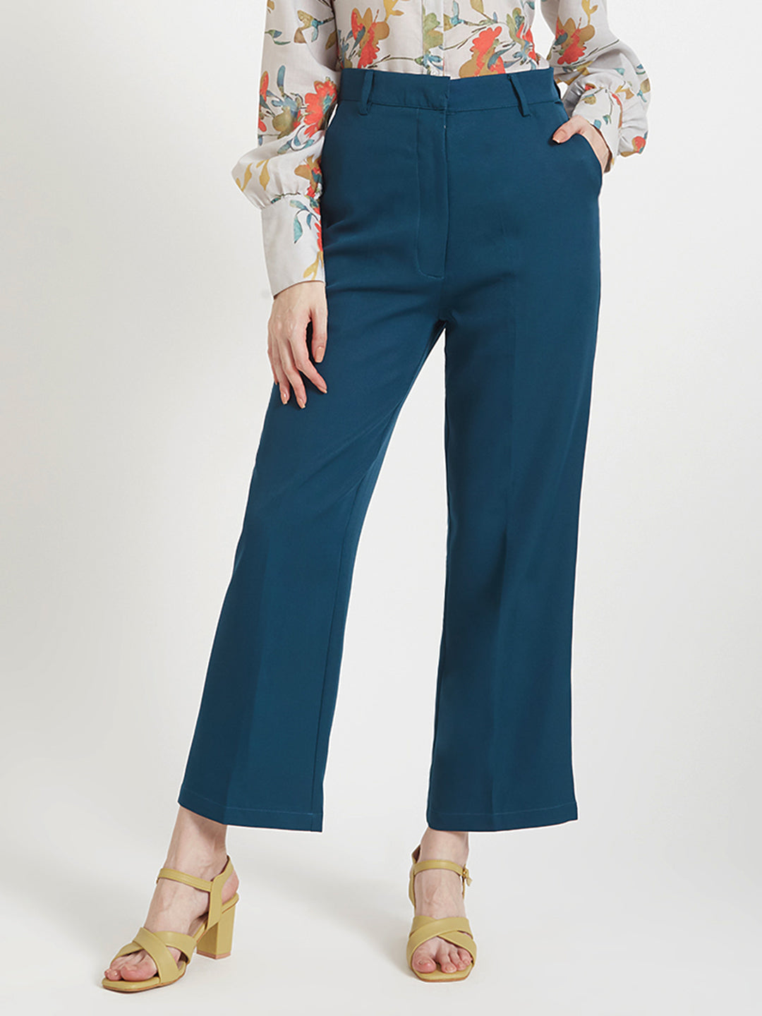 Women'S Luxury Banana Crepe Deep Teal Straight Fit Flap Pocket Trouser
