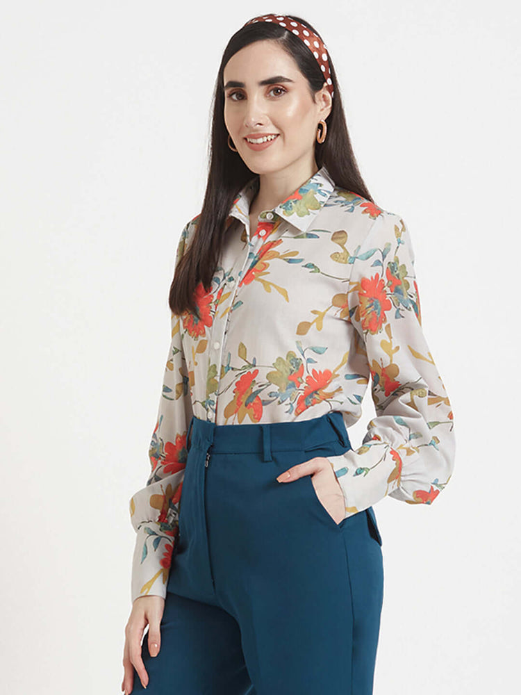 LUXURY CAMBRIC DIGITAL PRINT PUFF SLEEVE SHIRT