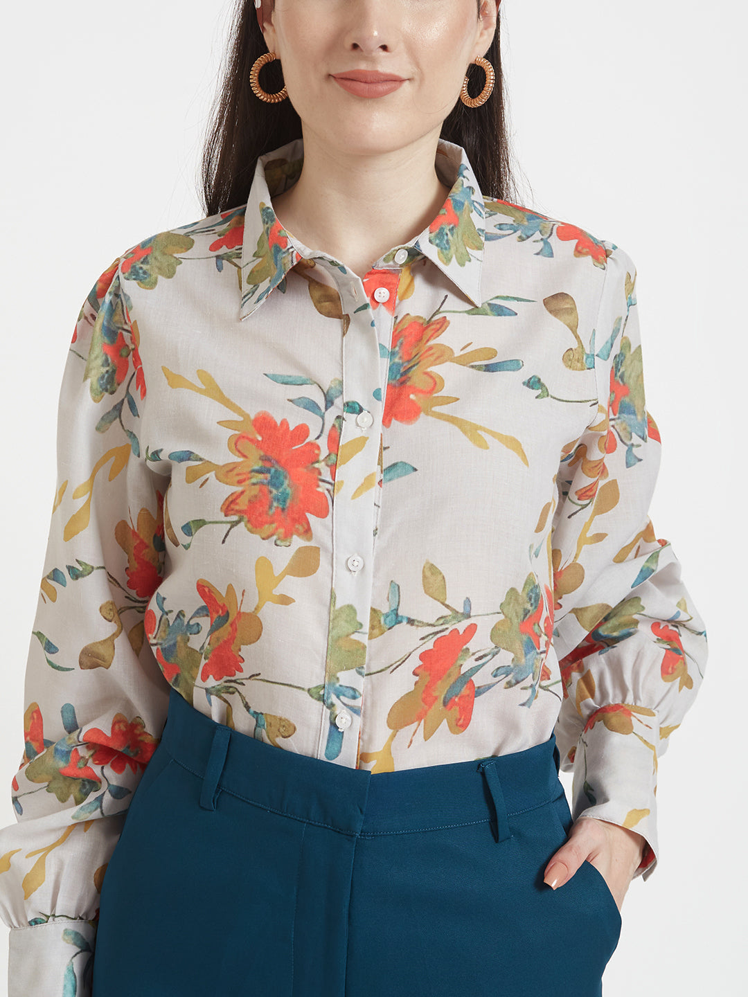 LUXURY CAMBRIC DIGITAL PRINT PUFF SLEEVE SHIRT