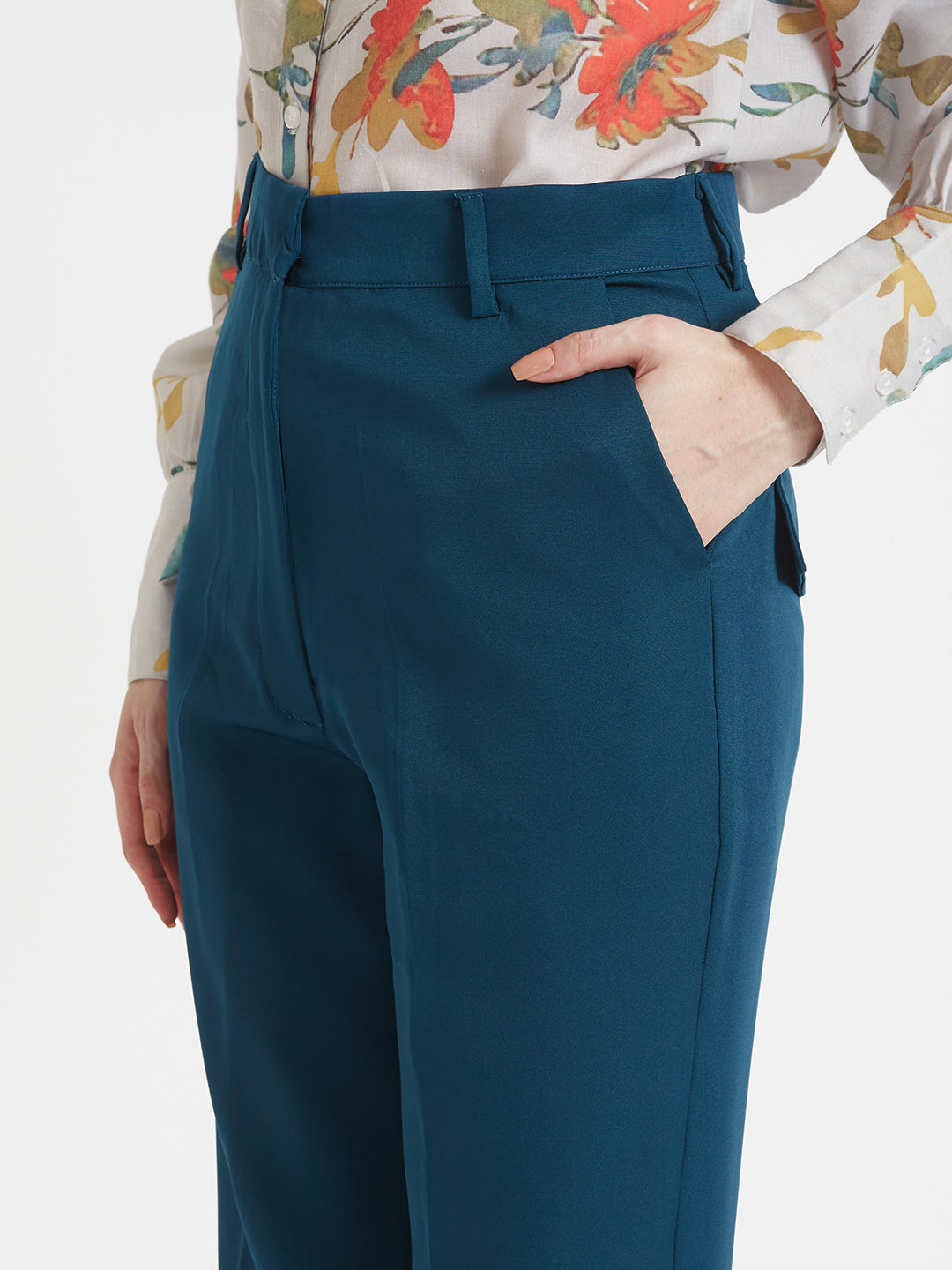 WOMEN'S LUXURY BANANA CREPE DEEP TEAL STRAIGHT FIT WITH FLAP POCKET TROUSER