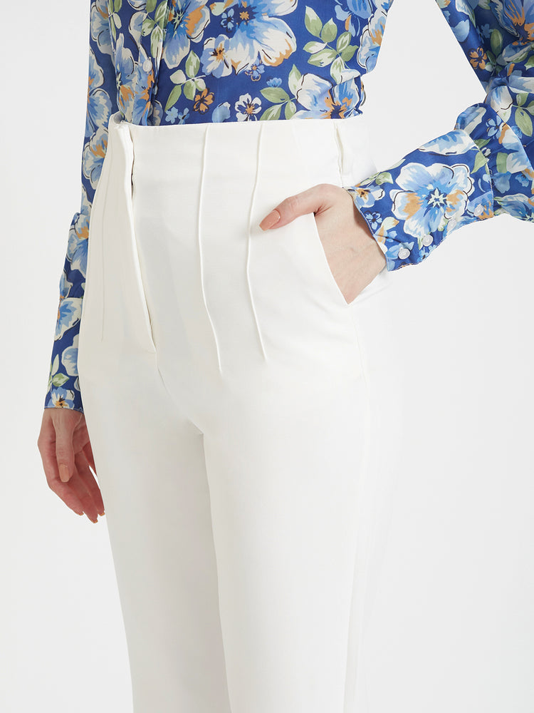 Women'S Luxury Banana Crepe Off White Skin Fit Multi Pleated Trouser