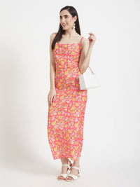 LUXURY  SATIN DIGITAL PRINT  SHOULDER STRAP BODYCON MAXI DRESS WITH SLASH POCKET