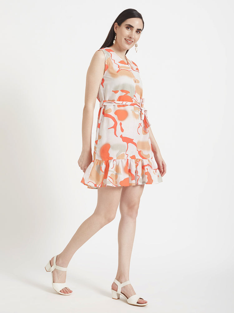 Luxury Cambric Digital Print V Neck Flare Dress With Slash Pocket