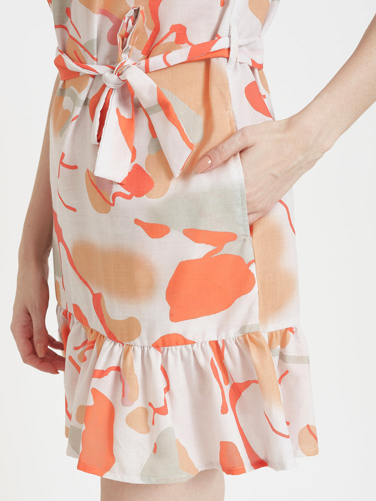 Luxury Cambric Digital Print V Neck Flare Dress With Slash Pocket