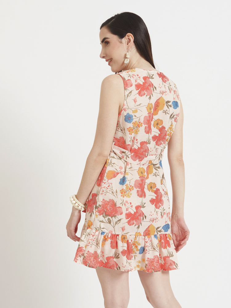 Luxury Cambric Digital Print V Neck Flare Dress With Slash Pocket