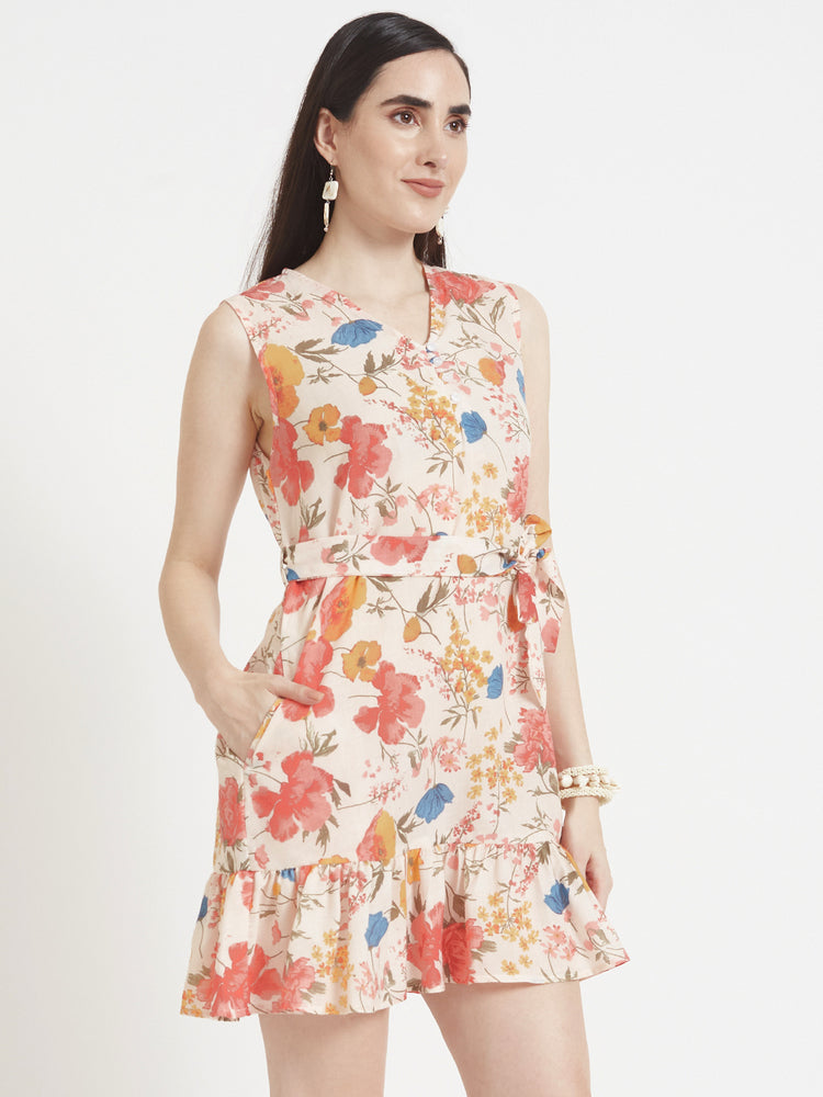 Luxury Cambric Digital Print V Neck Flare Dress With Slash Pocket