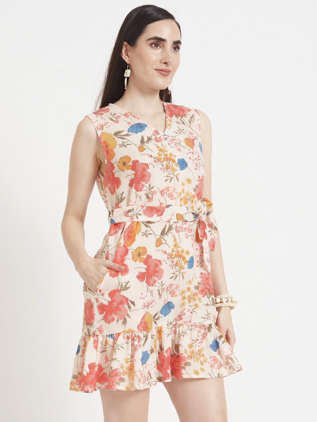 LUXURY CAMBRIC DIGITAL PRINT  V NECK FLARE DRESS WITH SLASH POCKET