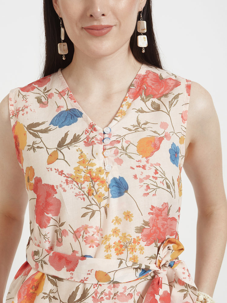 Luxury Cambric Digital Print V Neck Flare Dress With Slash Pocket