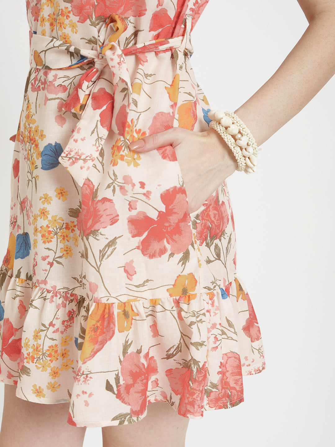 Luxury Cambric Digital Print V Neck Flare Dress With Slash Pocket