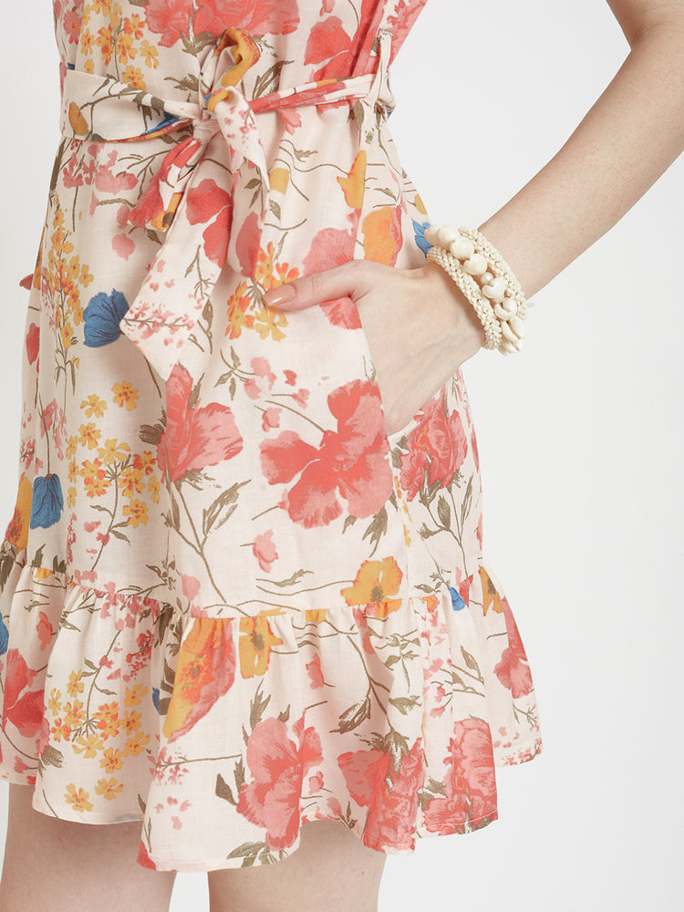 Luxury Cambric Digital Print V Neck Flare Dress With Slash Pocket