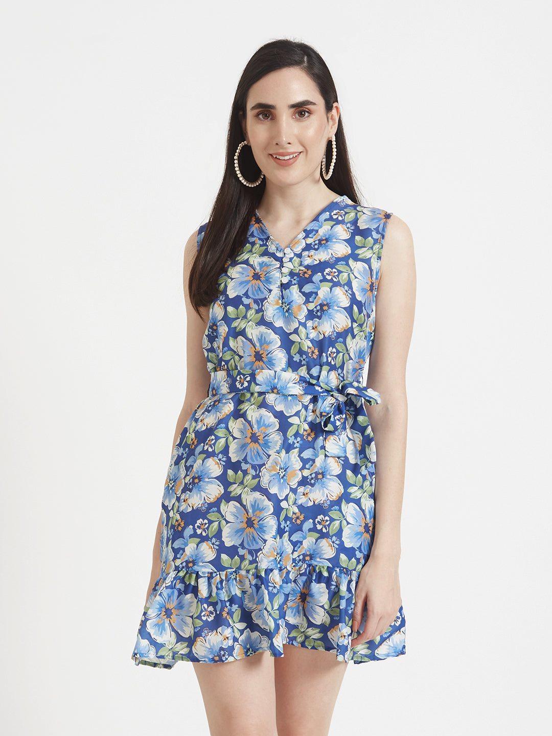 PREMIUM MICRO DIGITAL PRINT  V NECK FLARE DRESS WITH SLASH POCKET